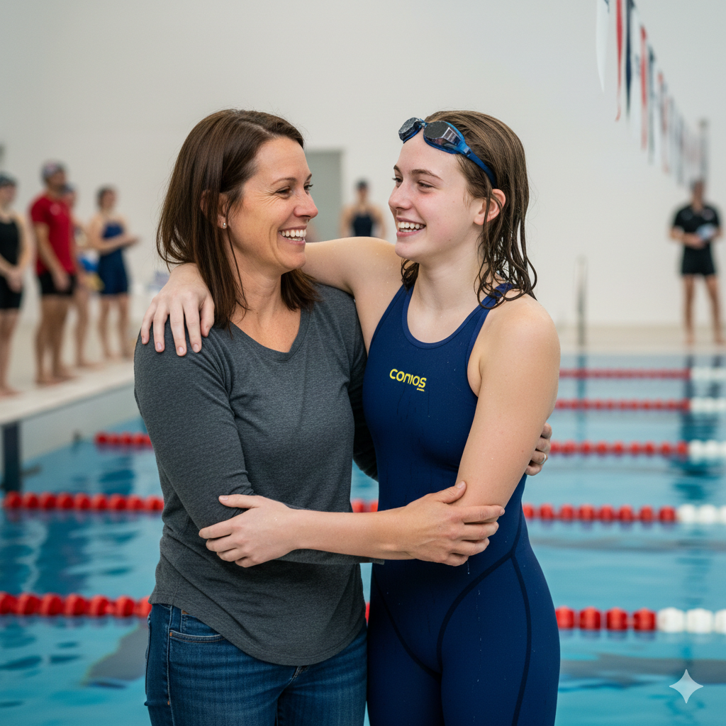 Parent and daughter celebrating at the pool