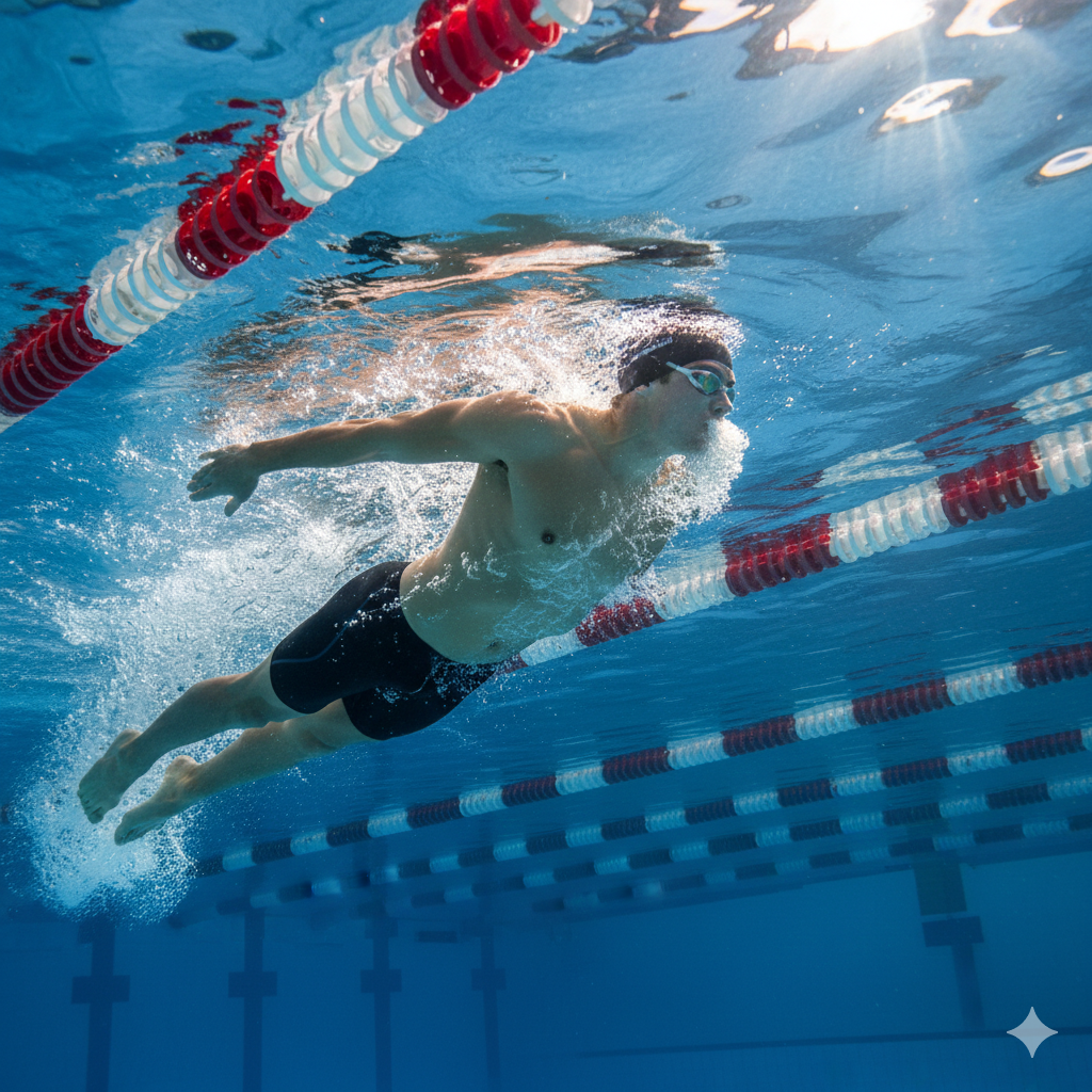 Swimmer gliding underwater during freestyle