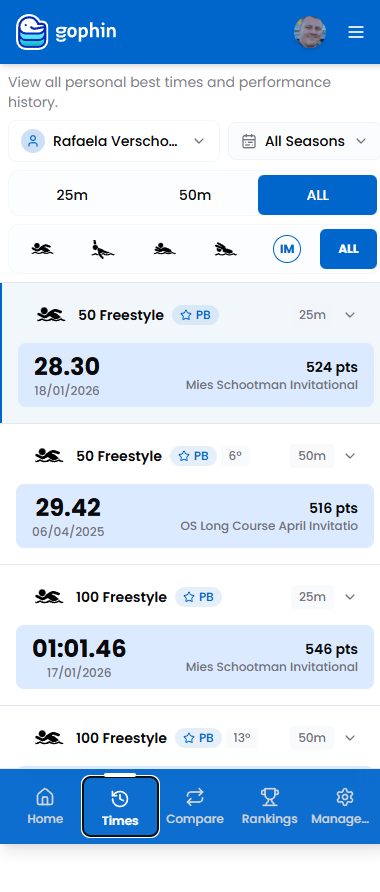 Gophin app showing all personal best times organized by swimming event