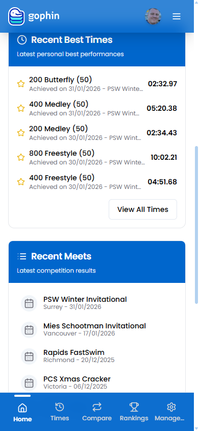 Recent personal best times with improvement indicators