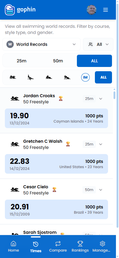 Gophin records view showing times across different pool types