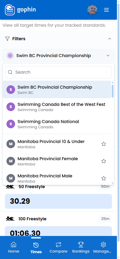 Gophin app showing standards comparison with 12 official swimming organizations